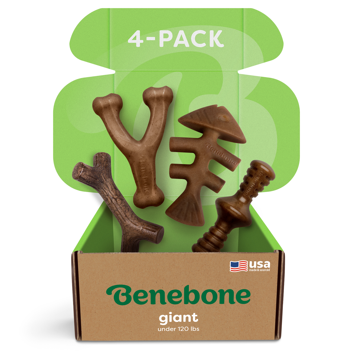 A Benebone Classic Chew Collection (4-Pack) box for dogs under 120 lbs holds four durable chew toys, shown on a green background with "4-PACK" and a USA flag icon on the lid.