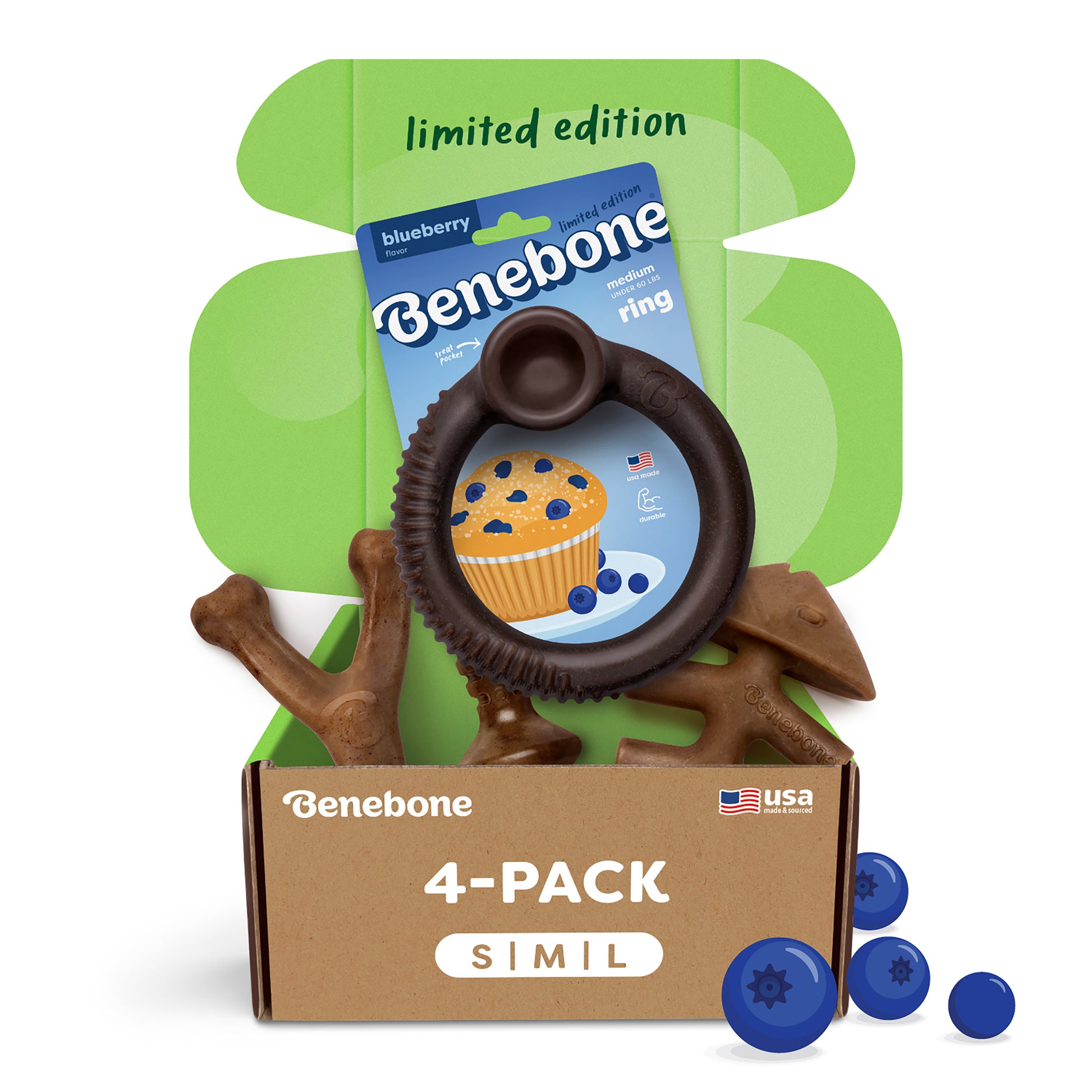 The Benebone Limited Edition Chew Collection (4-Pack) comes in a green and brown box with ring, bone, and muffin-shaped durable dog chew toys, all blueberry-themed and surrounded by scattered blueberries.