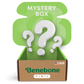 An open cardboard box labeled Benebone Mystery Box features an American flag and "Made in USA," with a green lid reading "MYSTERY BOX" and large white question marks—perfect for discovering new durable dog toys.