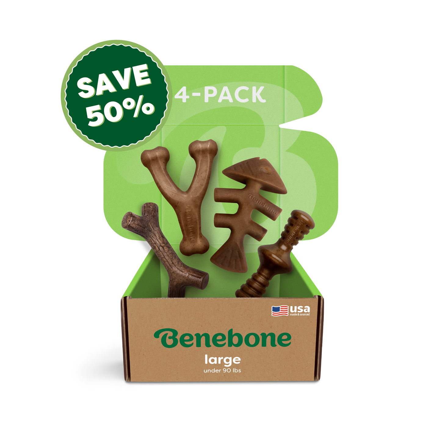 A Benebone Classic Chew Collection 4-pack box for dogs under 90 lbs features four durable chew toys, a green SAVE 50% label, and a small USA flag.