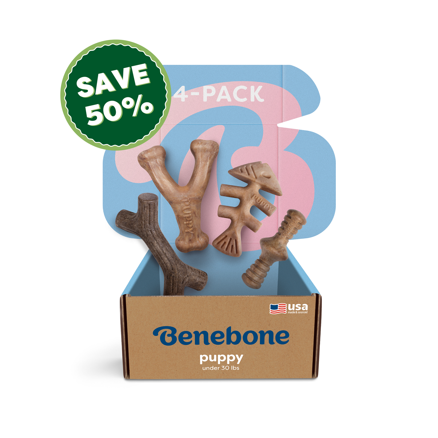 Open a Benebone Classic Chew Collection box with four tough puppy toys for pups under 30 lbs, marked with a green SAVE 50% sticker and USA flag—perfect for keeping your puppy entertained and happy.