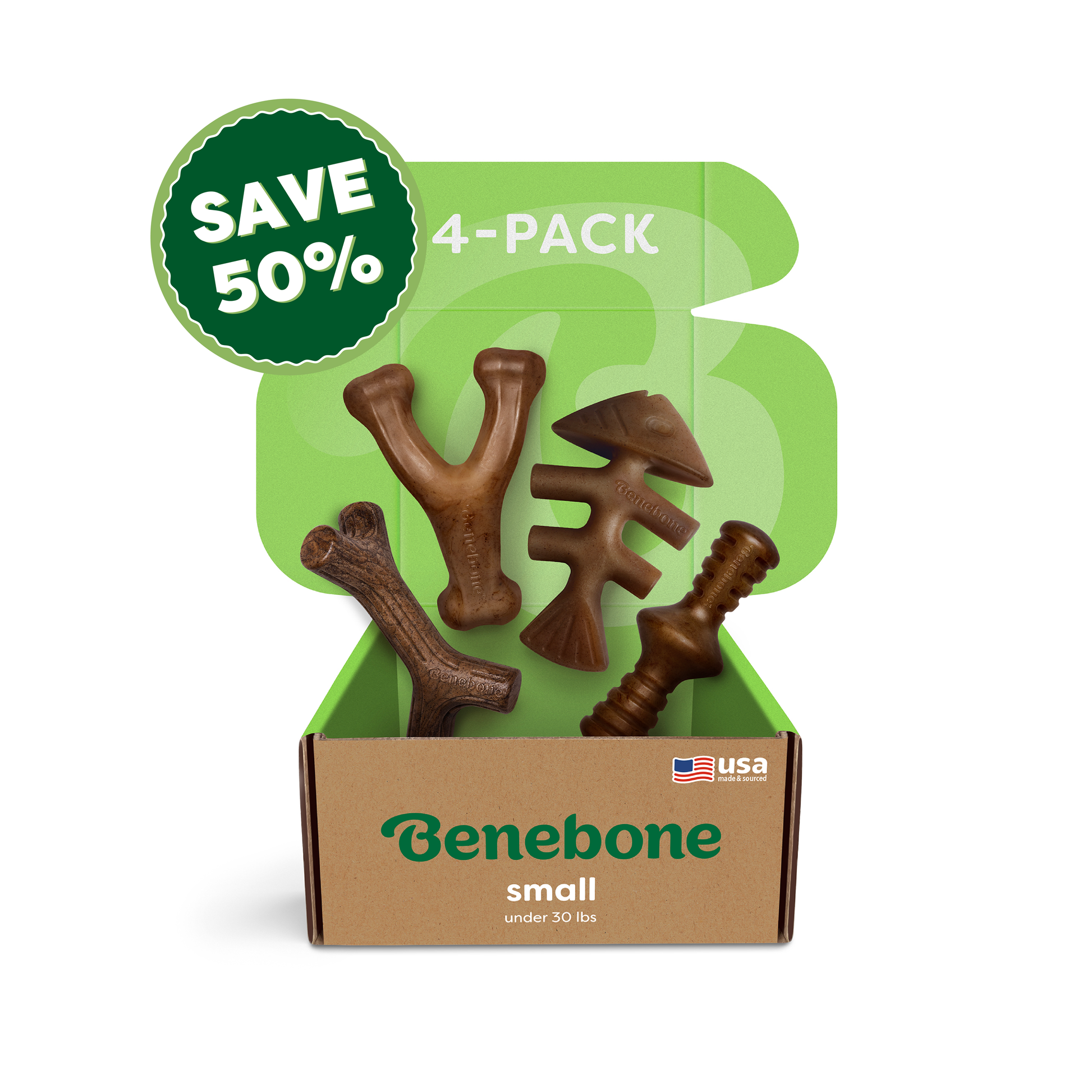 An open Benebone box labeled Classic Chew Collection (50% off) displays four unique brown chews for dogs under 30 lbs, with a green SAVE 50% sticker, a 4-PACK label, and a small USA flag graphic.