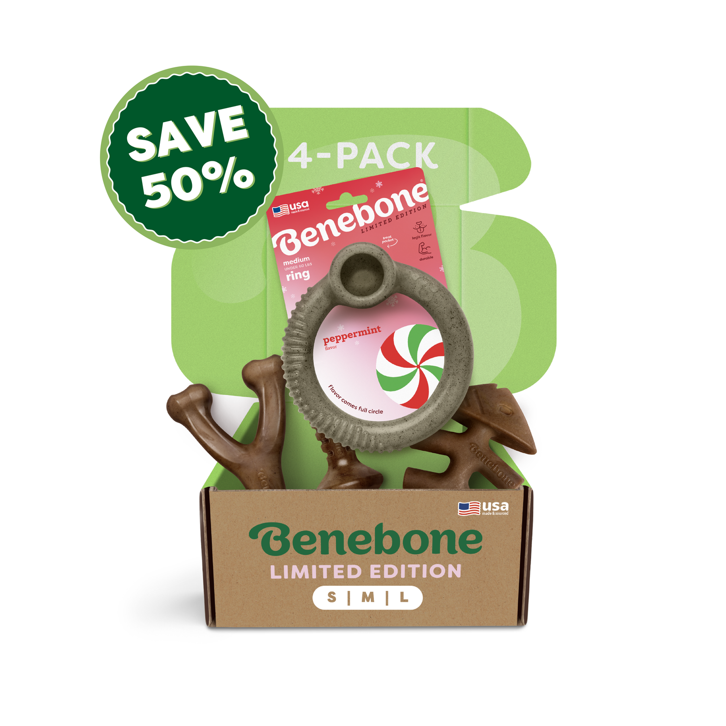 The Benebone Limited Edition Chew Collection (50% off) includes four durable dog chew toys and a peppermint ring. The box features a green SAVE 50% badge on the upper left and “4-PACK” in bold white letters.