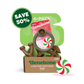 Open box labeled Benebone Limited Edition Chew Collection (50% off), showing four large durable dog chew toys plus a peppermint-themed ring. Features a green SAVE 50% badge and peppermint candy graphic.