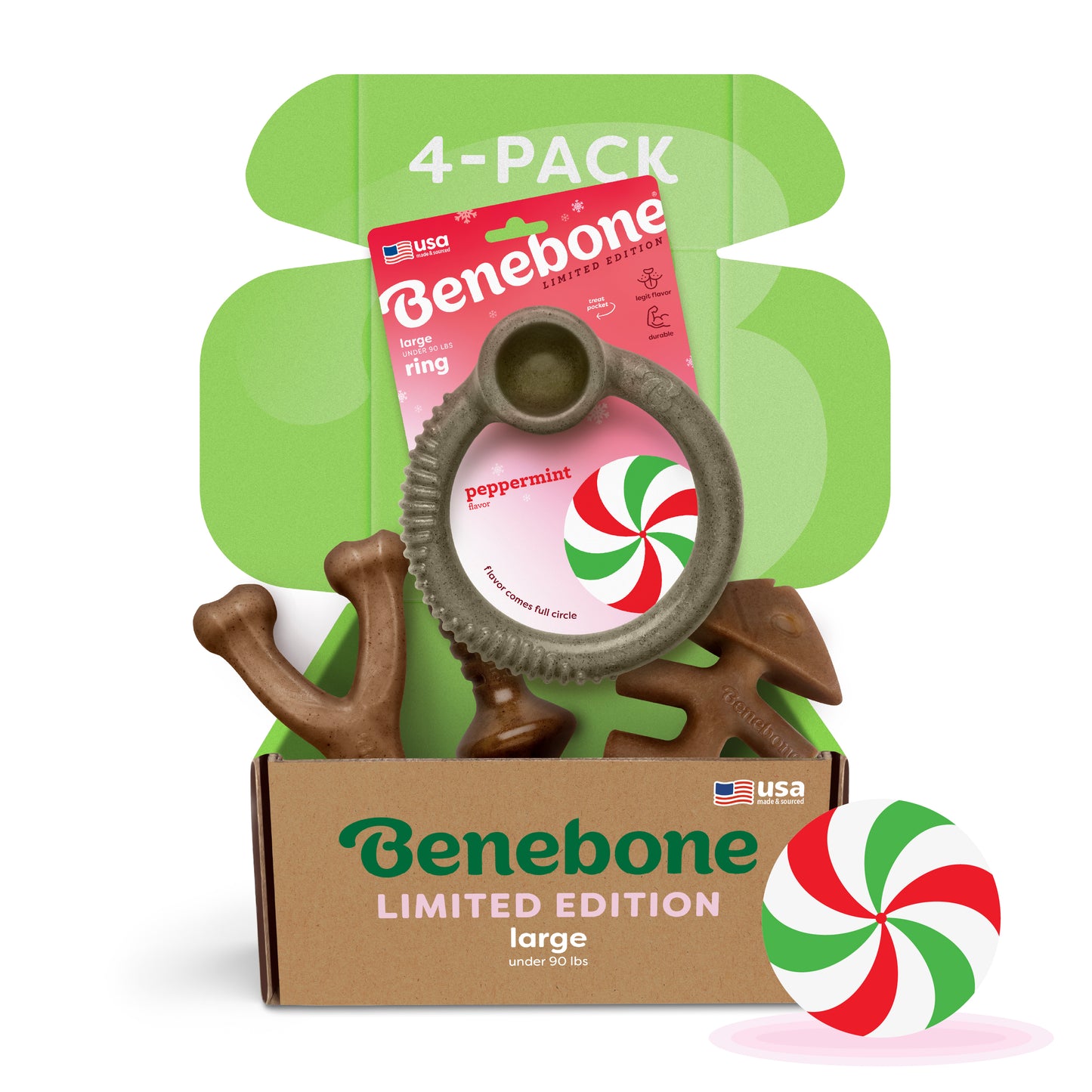 An open Benebone Limited Edition Chew Collection (4-Pack) displays three brown durable dog chews and a peppermint-scented ring. The Benebone logo and a peppermint candy graphic appear in the bottom right corner.