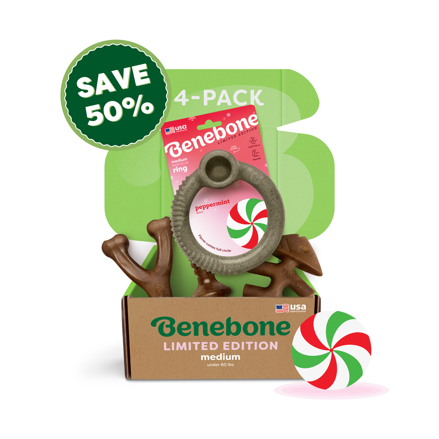 The Benebone Limited Edition Chew Collection (50% off) includes a medium 4-pack of durable dog chew toys with a peppermint-flavored ring, in an open box featuring festive peppermint graphics and a green “SAVE 50%” label.
