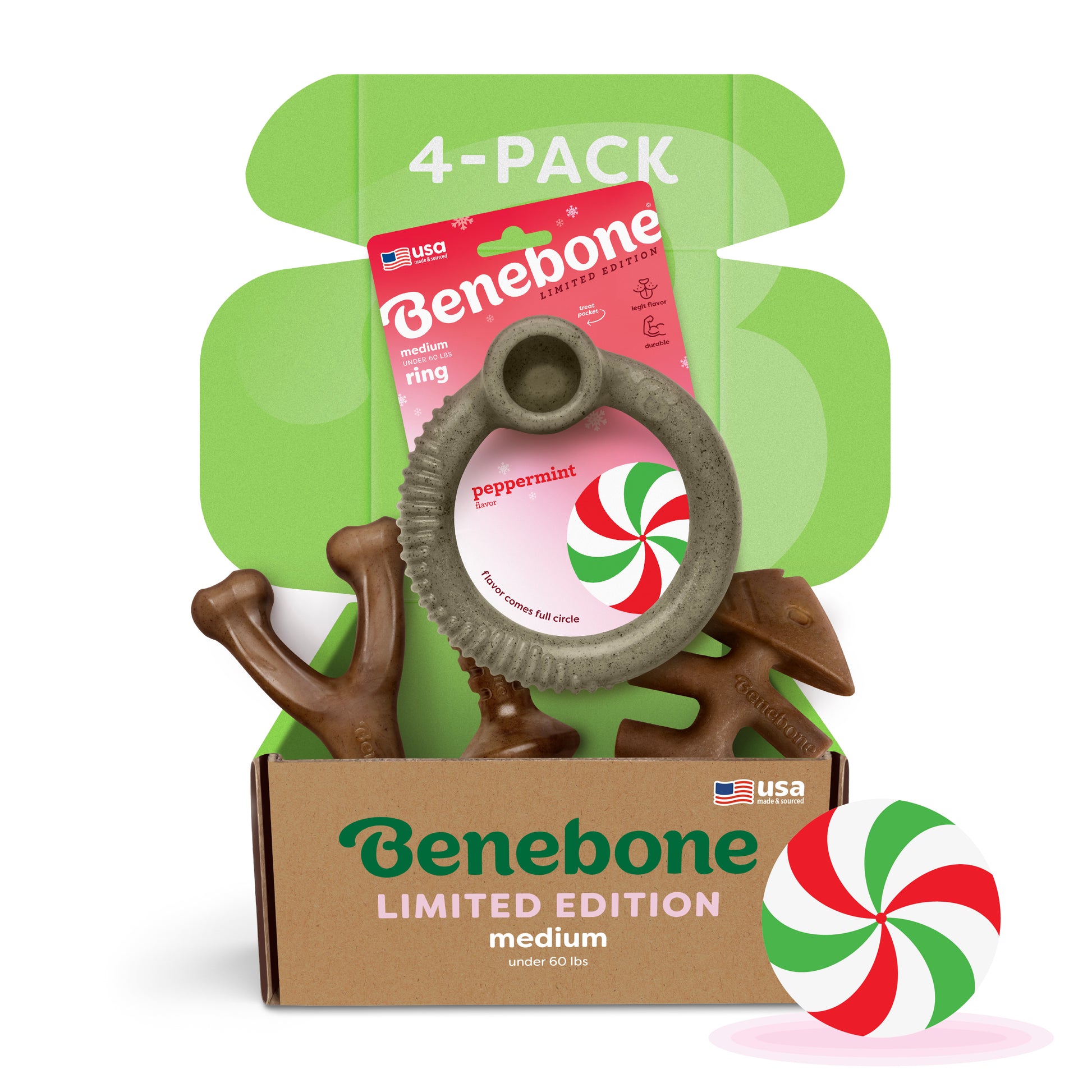 The Benebone Limited Edition Chew Collection (4-Pack) features durable dog chew toys in a green and brown box, including a peppermint ring and three brown bone-shaped chews. A red, white, and green peppermint candy graphic accents the corner.