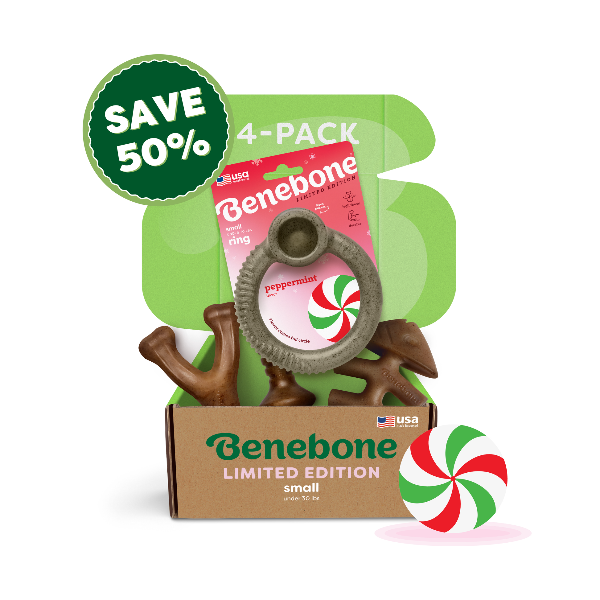 A green box labeled Benebone Limited Edition Chew Collection (50% off) contains four durable chew toys and a peppermint-flavored ring toy, with a green Save 50% badge shown above.
