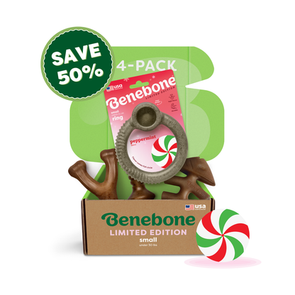 A green box labeled Benebone Limited Edition Chew Collection (50% off) contains four durable chew toys and a peppermint-flavored ring toy, with a green Save 50% badge shown above.