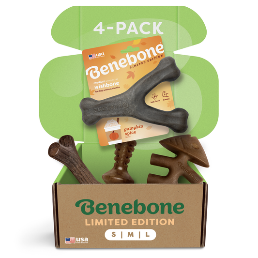 The Benebone Limited Edition Chew Collection (4-Pack) features four durable dog chew toys in assorted shapes and sizes, with size options S, M, and L.