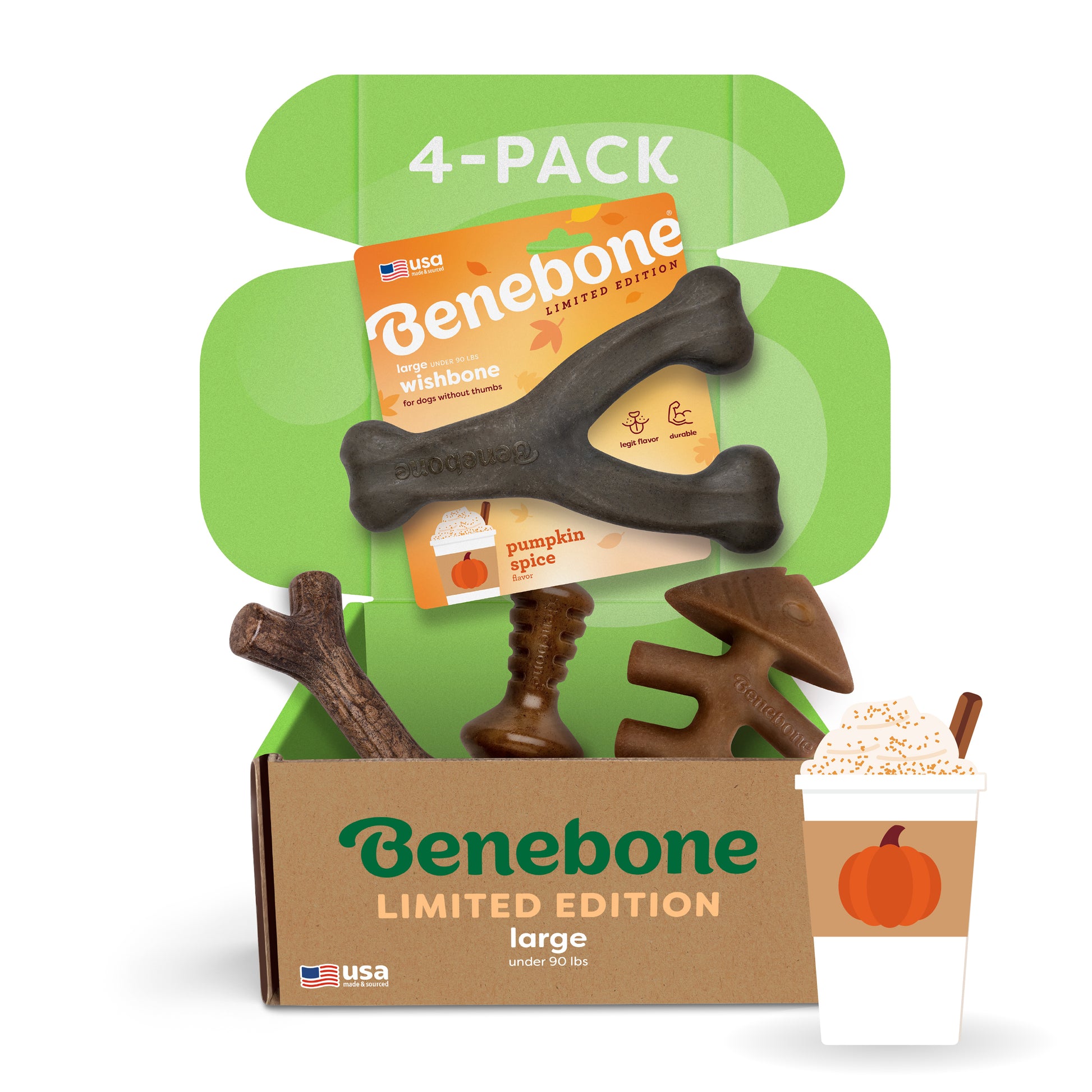 Open Benebone Limited Edition Chew Collection (4-Pack) box with four durable dog chews in assorted shapes and pumpkin spice flavor. A pumpkin spice drink is illustrated beside the box. Text reads 4-Pack and pumpkin spice.