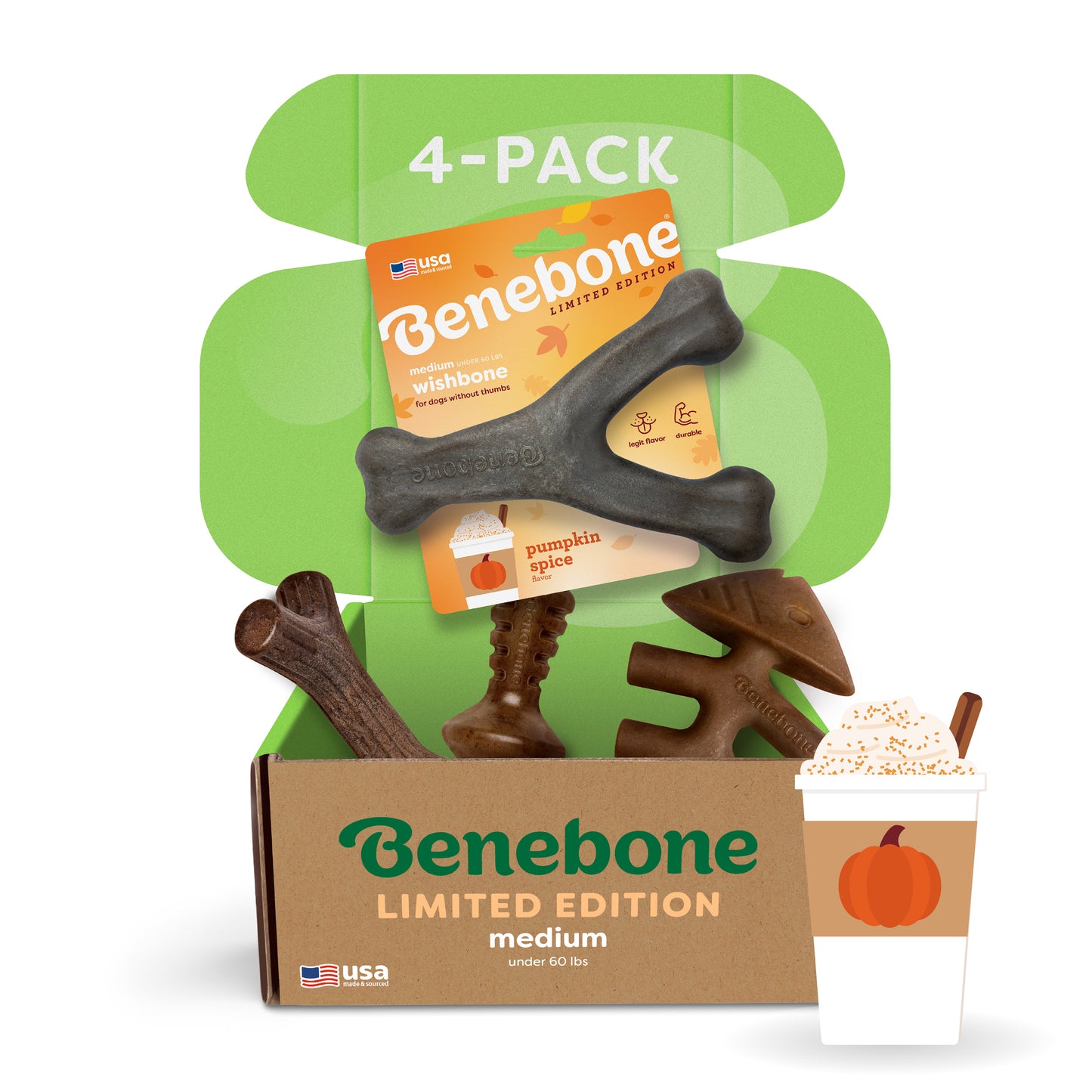Open the Benebone Limited Edition Chew Collection (4-Pack), featuring four durable, pumpkin spice-flavored dog chews and a pumpkin spice latte graphic. The medium-size bundle is made in the USA.