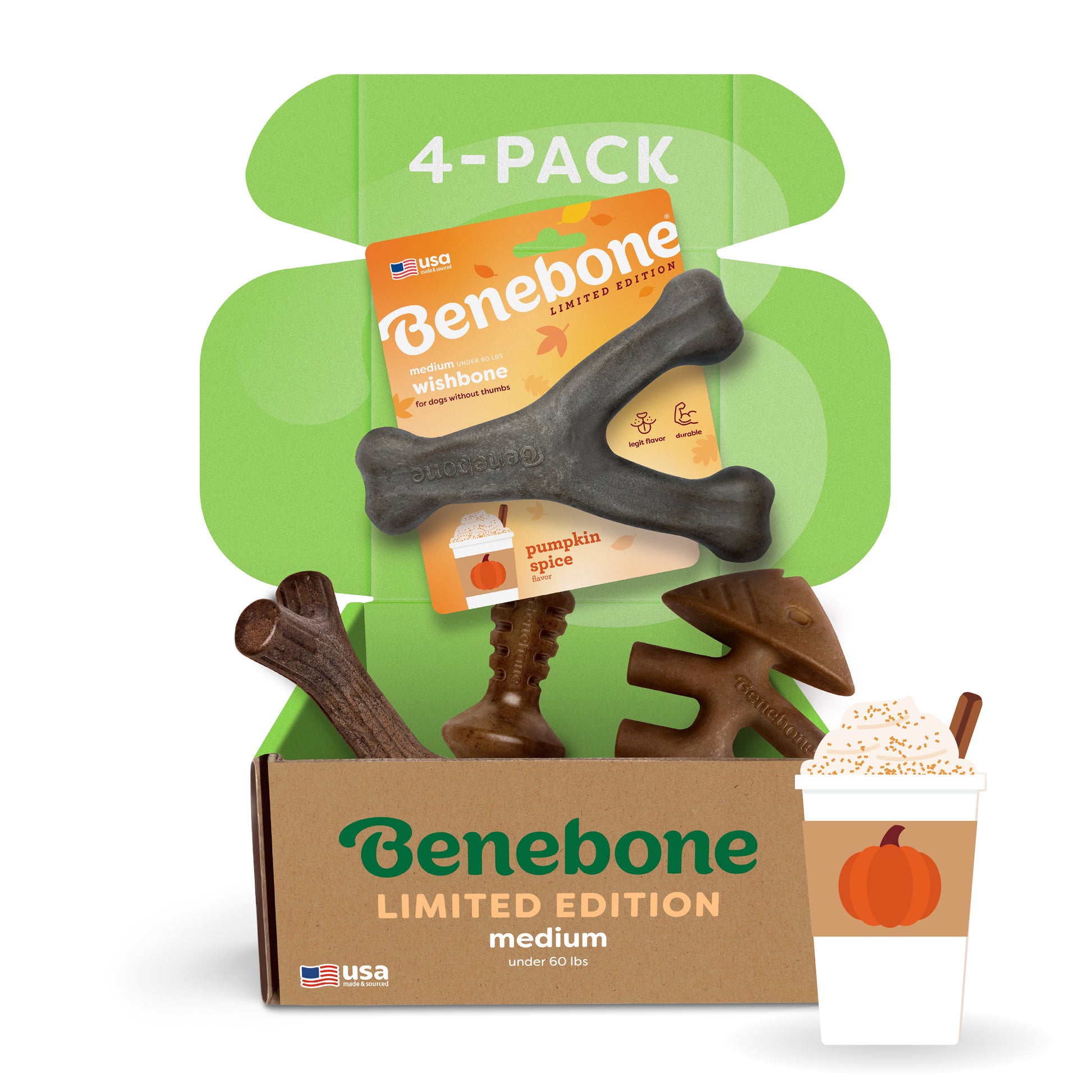 Open the Benebone Limited Edition Chew Collection (4-Pack), featuring four durable, pumpkin spice-flavored dog chews and a pumpkin spice latte graphic. The medium-size bundle is made in the USA.