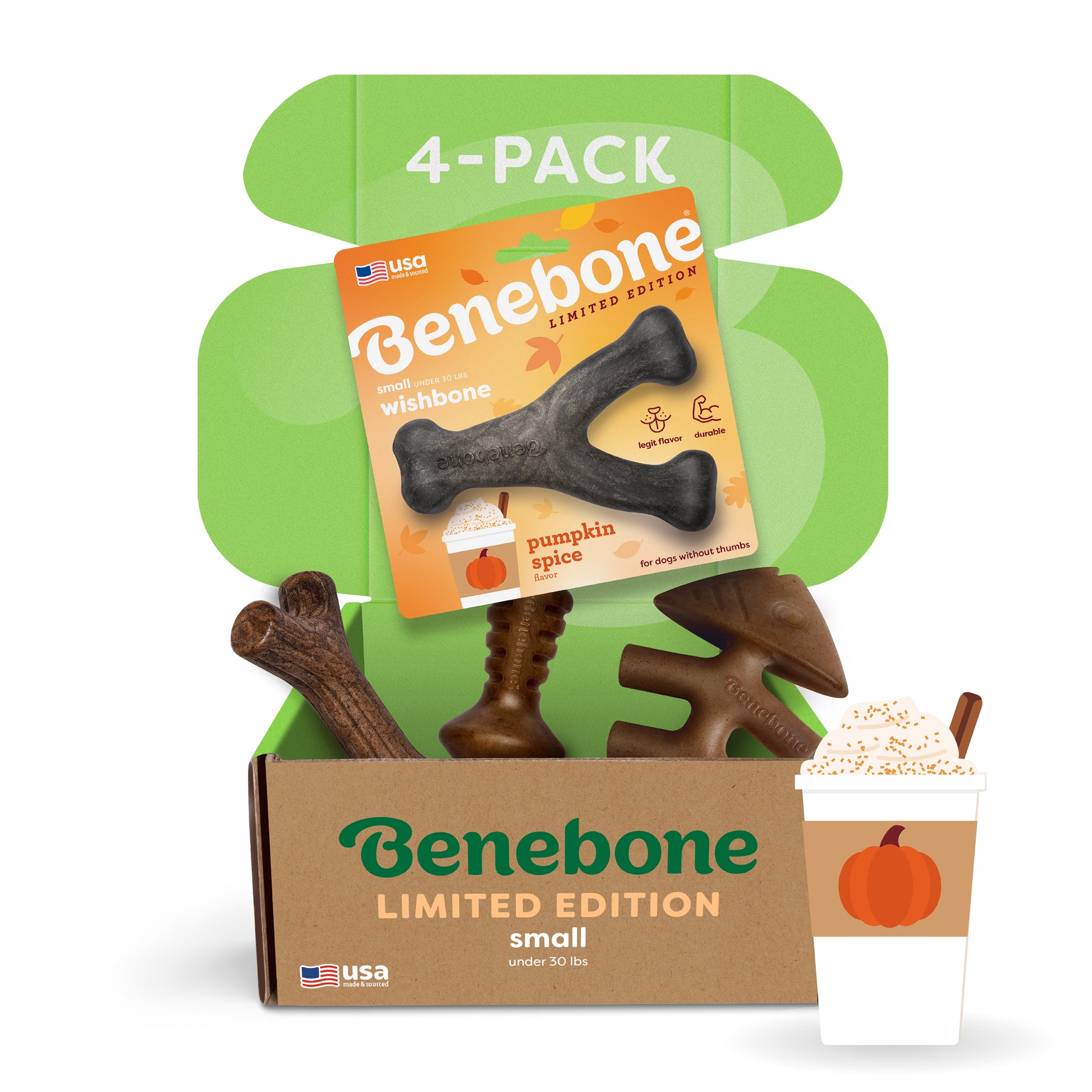 A Benebone Limited Edition Chew Collection (4-Pack) box is open, revealing four brown dog chews of different shapes. Next to the box is an illustration of a pumpkin spice latte.