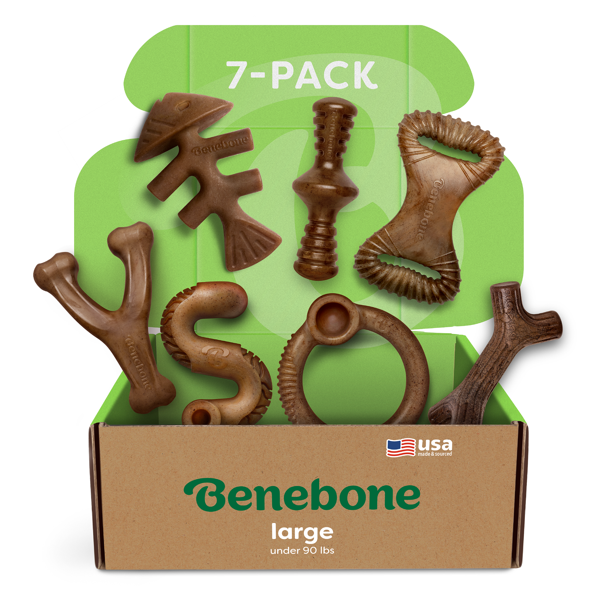 A green box labeled “Benebone Complete Chew Collection (7-Pack)” displays seven durable dog chews in assorted shapes and textures, features a small USA flag, and highlights Benebone branding.