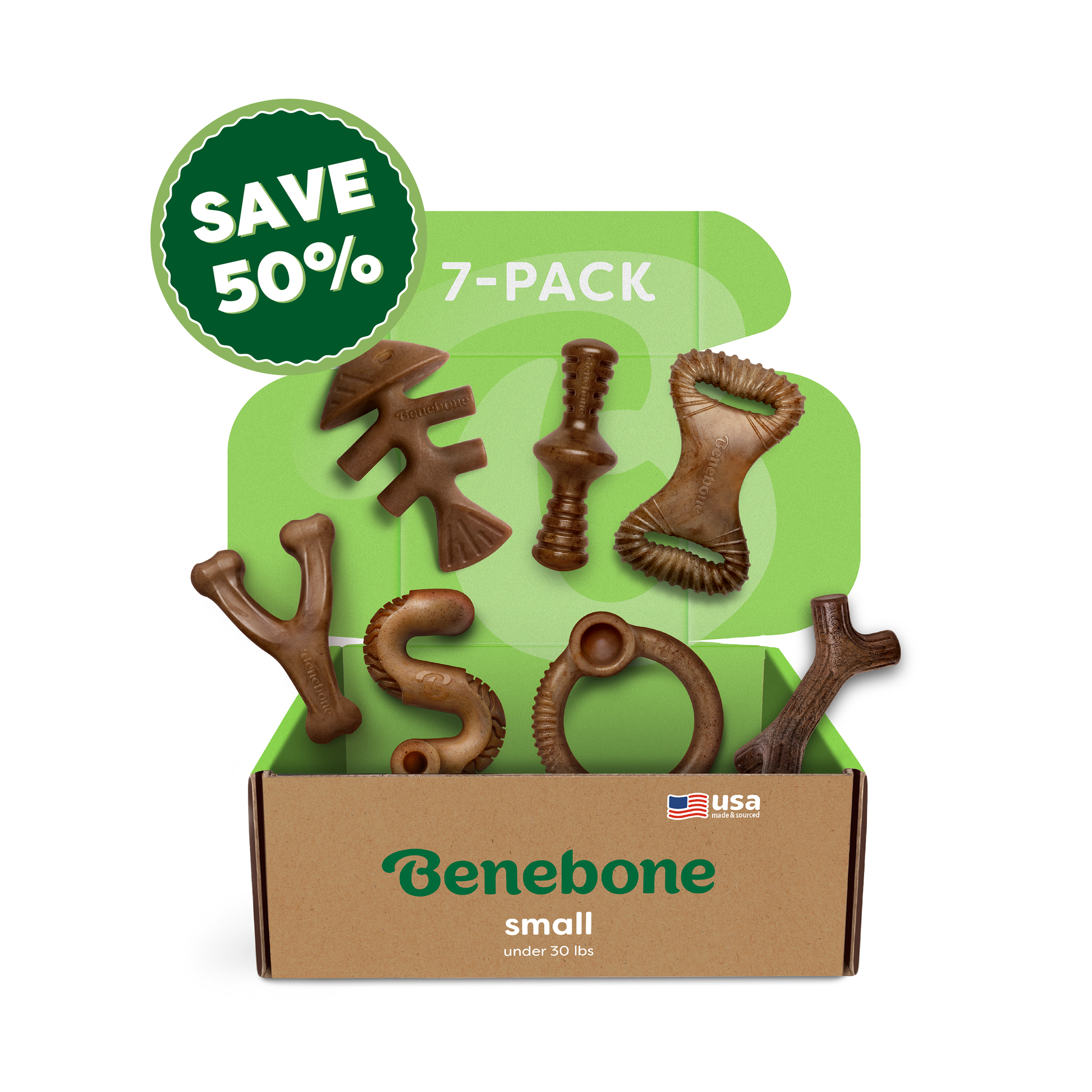 A Benebone Complete Chew Collection (50% off) box for small dogs under 30 lbs shows six durable chews in assorted shapes. A green "SAVE 50% 7-PACK" sign and an American flag highlight the USA-made product.