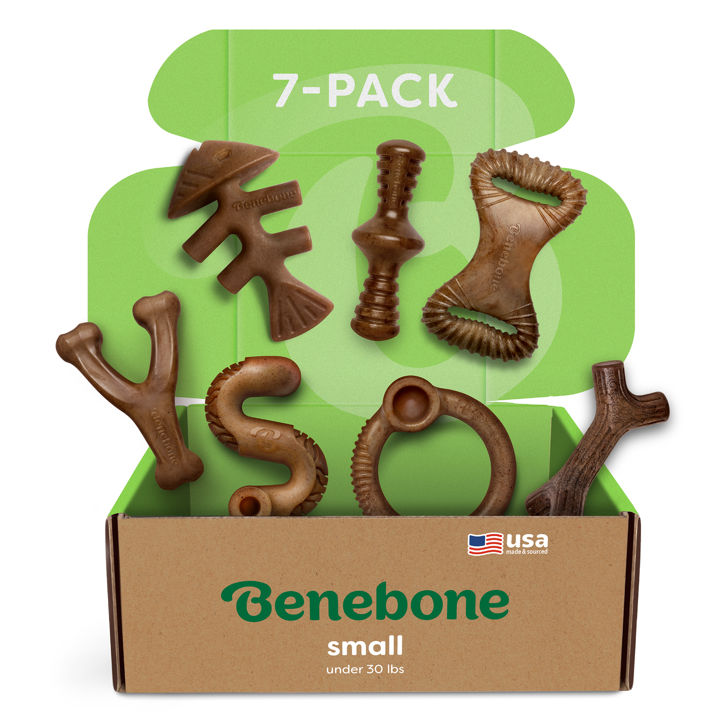 An open box with a green interior and USA flag icon labeled Benebone Complete Chew Collection (7-Pack) for small dogs under 30 lbs displays assorted durable chew toys.