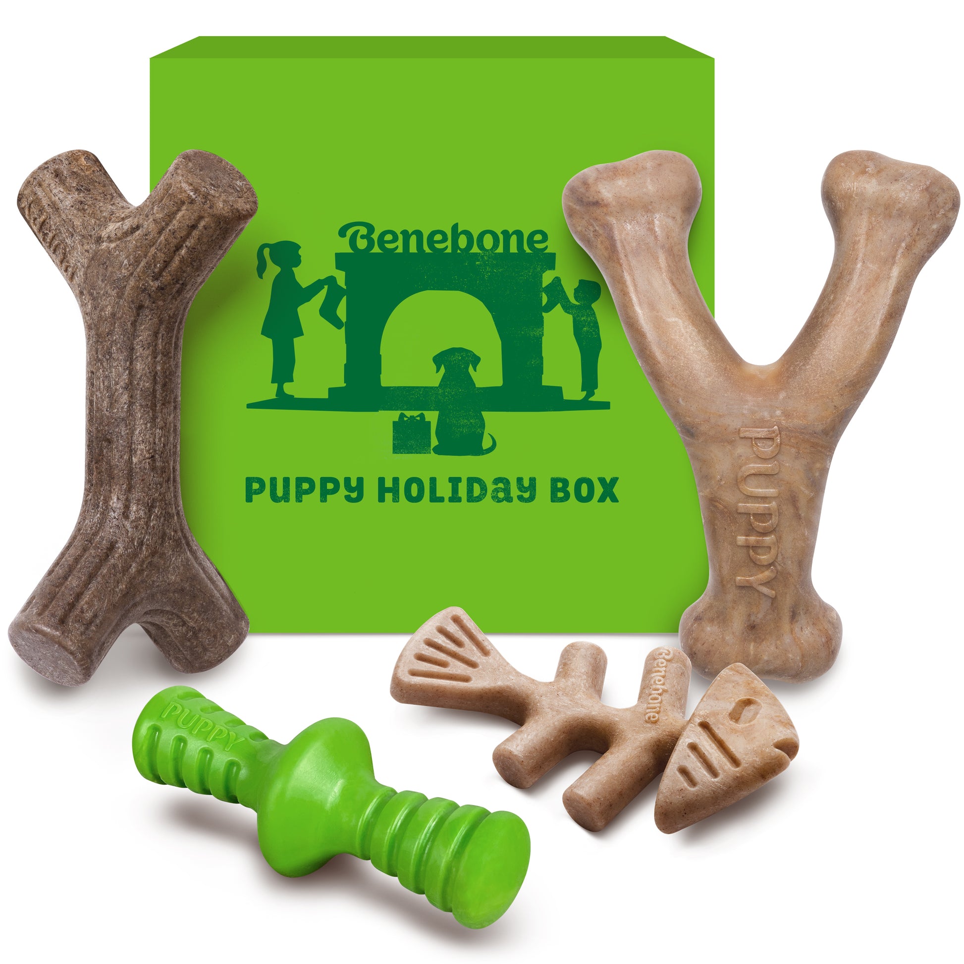 Benebone holiday gift box with puppy wishbone, maplestick, fishbone and rubber zaggler