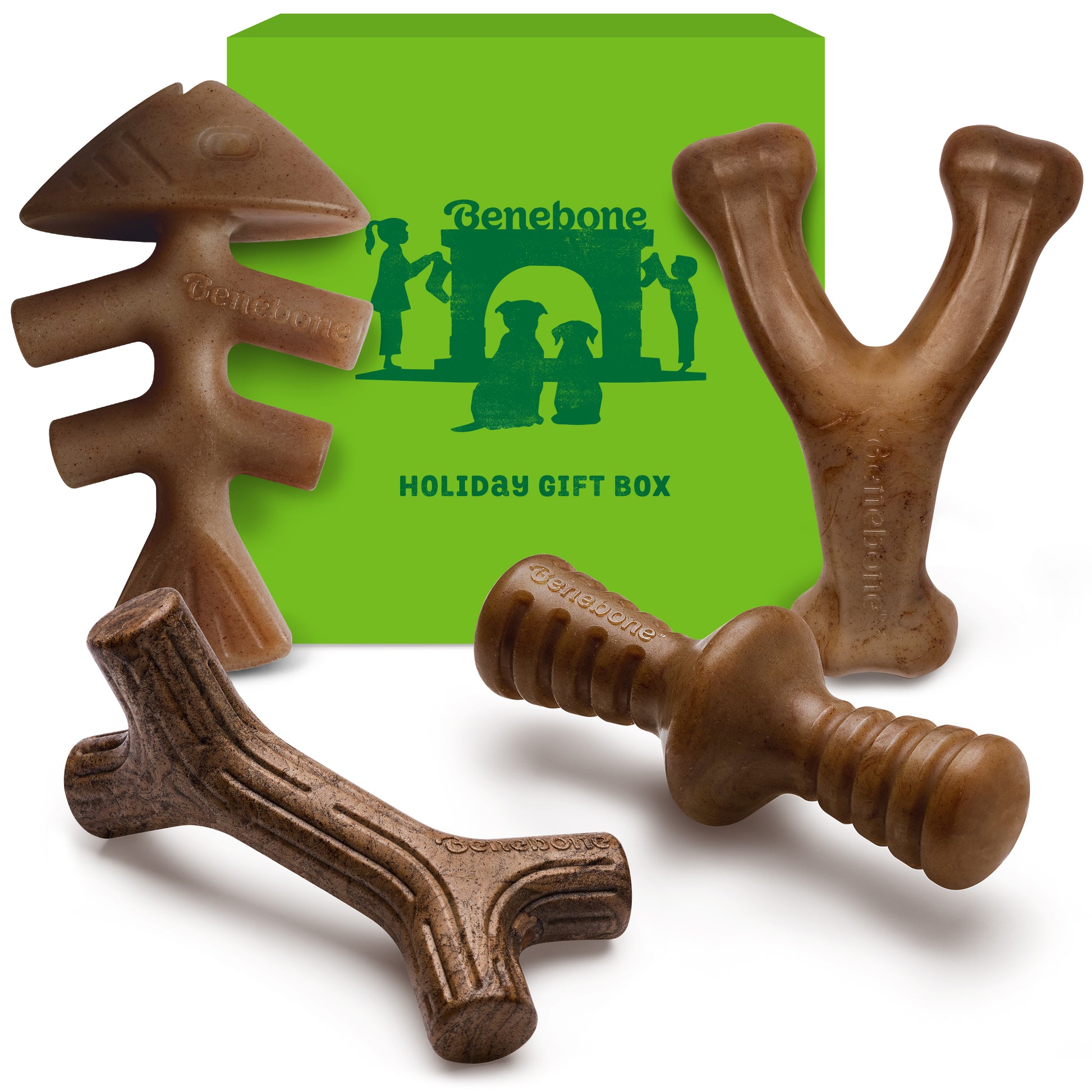 Benebone holiday gift box with wishbone, maplestick, fishbone and rubber zaggler