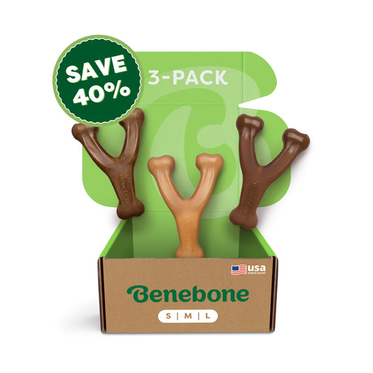 A cardboard box labeled Benebone displays the Wishbone Trio (3-Pack) dog chew toys in three brown shades. A green label reads SAVE 40% and 3-PACK; an American flag icon and “S | M | L” sizing are also shown.