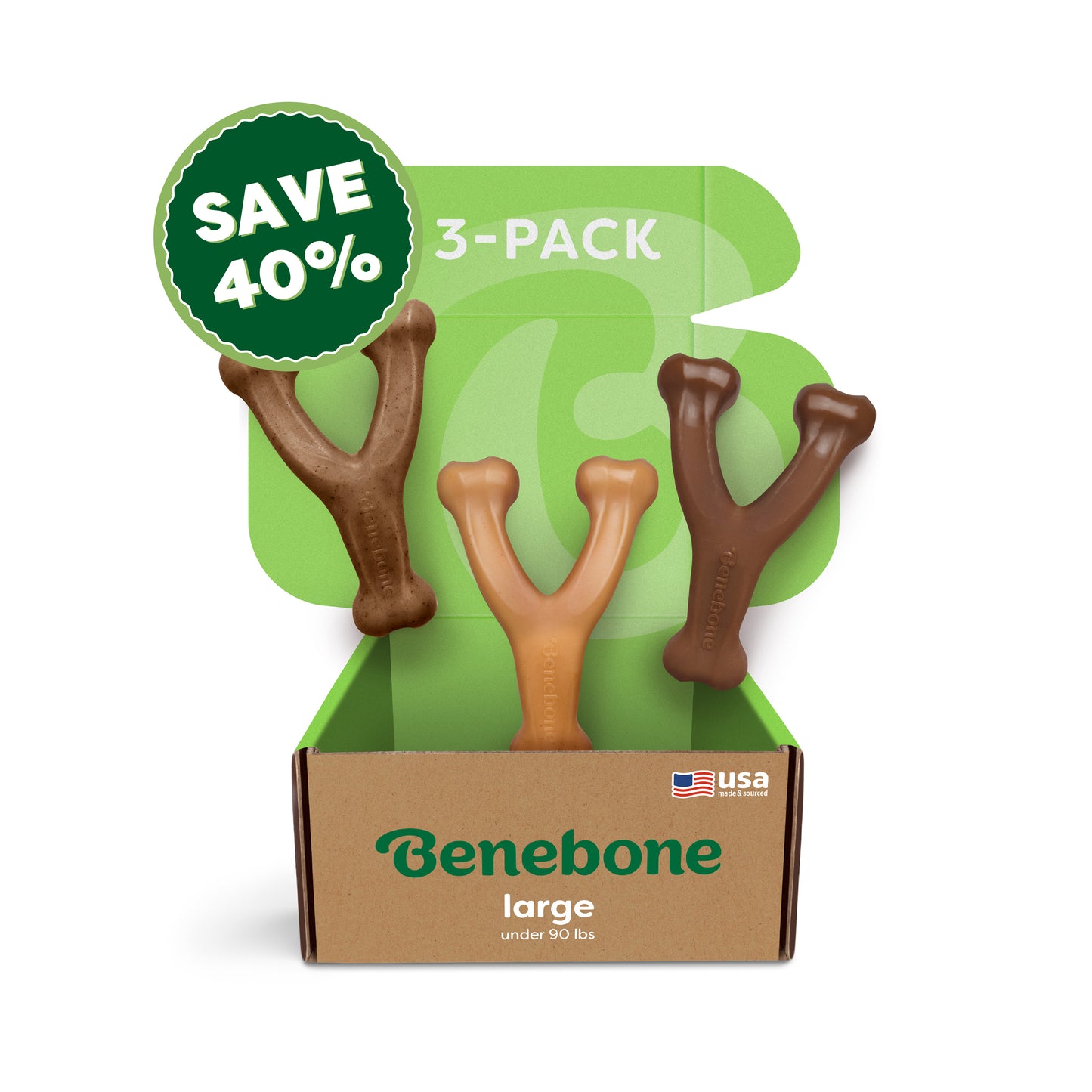 A Benebone Wishbone Trio (3-Pack) box holds three durable brown chews, featuring a green SAVE 40% badge, "3-PACK" text, and an American flag with "USA.