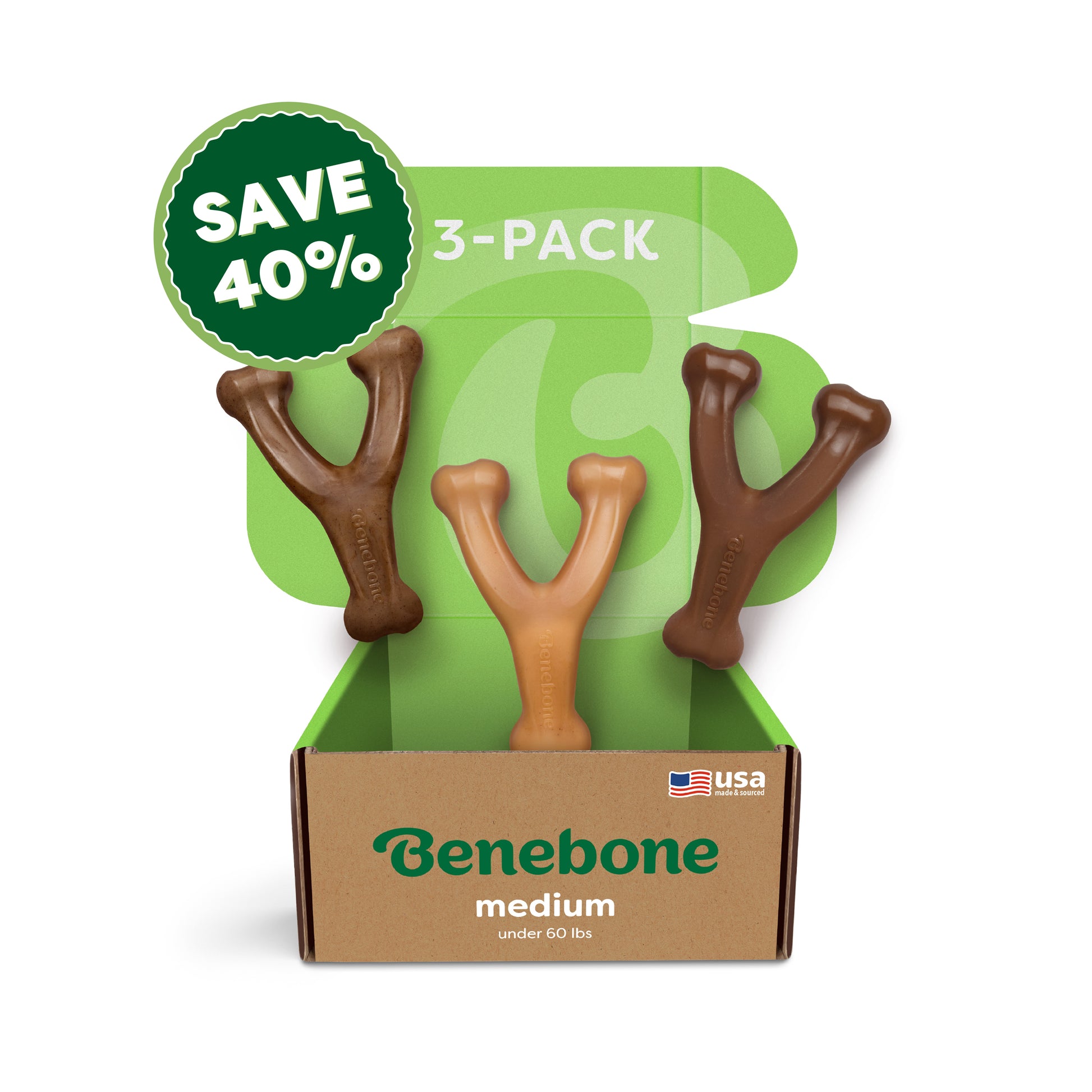 A Benebone Wishbone Trio (3-Pack) box contains three durable chew toys in assorted browns, features a green "SAVE 40%" badge, and displays a small American flag icon, highlighting this Made-in-USA dog toy.