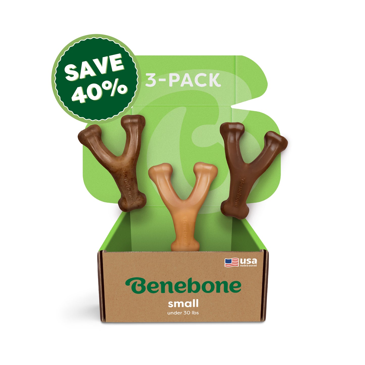 A Benebone Wishbone Trio (3-Pack) box, labeled for small dogs under 30 lbs, holds three brown Y-shaped chews. It features a green “Save 40%” sticker, a small USA flag icon, and a “3-PACK” insert on a green background.