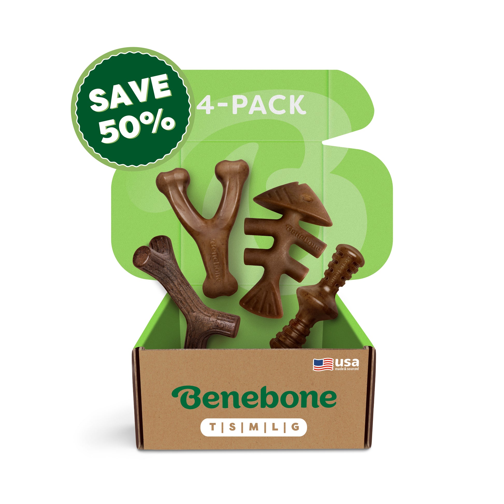 Open box of Benebone Classic Chew Collection 4-Pack on a green background with “SAVE 50%” badge. Suitable for small, medium, and large dogs. Box highlights durable dog toys and features a USA flag symbol.