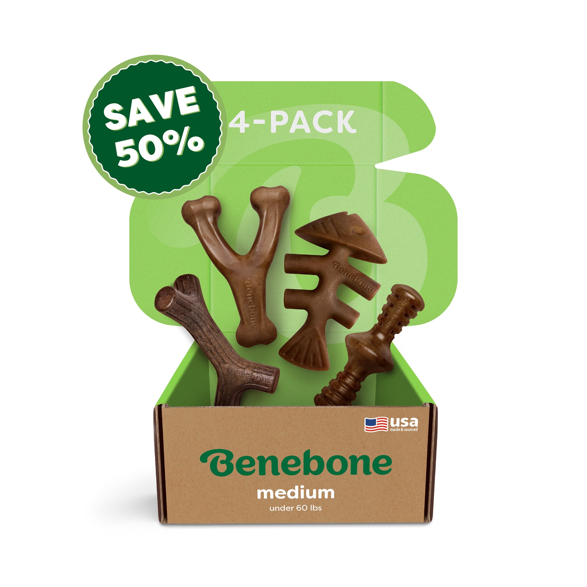 A green and brown Benebone box displays the Classic Chew Collection (4-Pack), featuring four durable dog toys. "SAVE 50%," "medium," and "USA" logos emphasize this quality chew toy bundle for dogs.