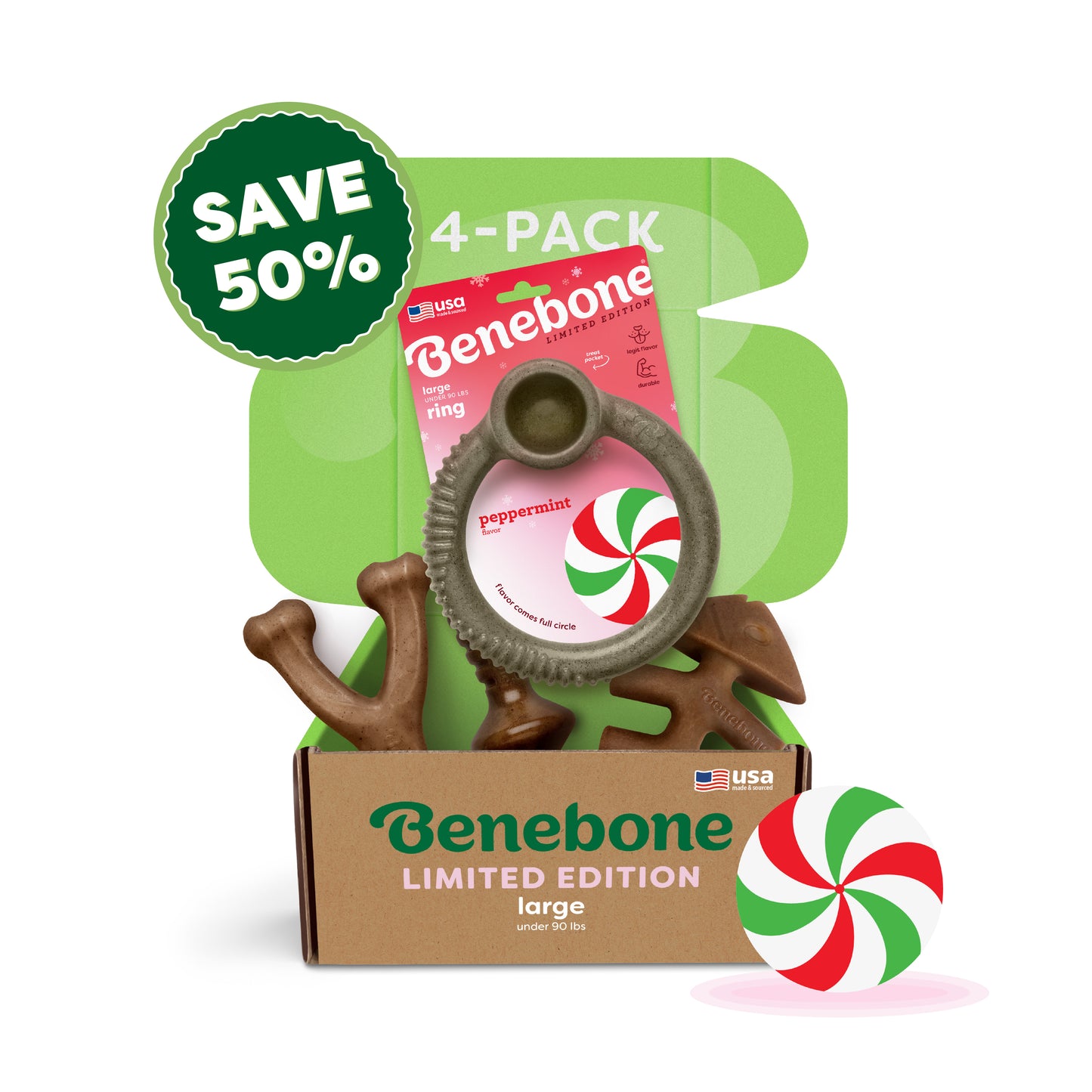 The Benebone Limited Edition Chew Collection (4-Pack) is shown in an open box, featuring durable dog chew toys with a peppermint-scented toy and a Save 50% label, plus a peppermint candy graphic in front.