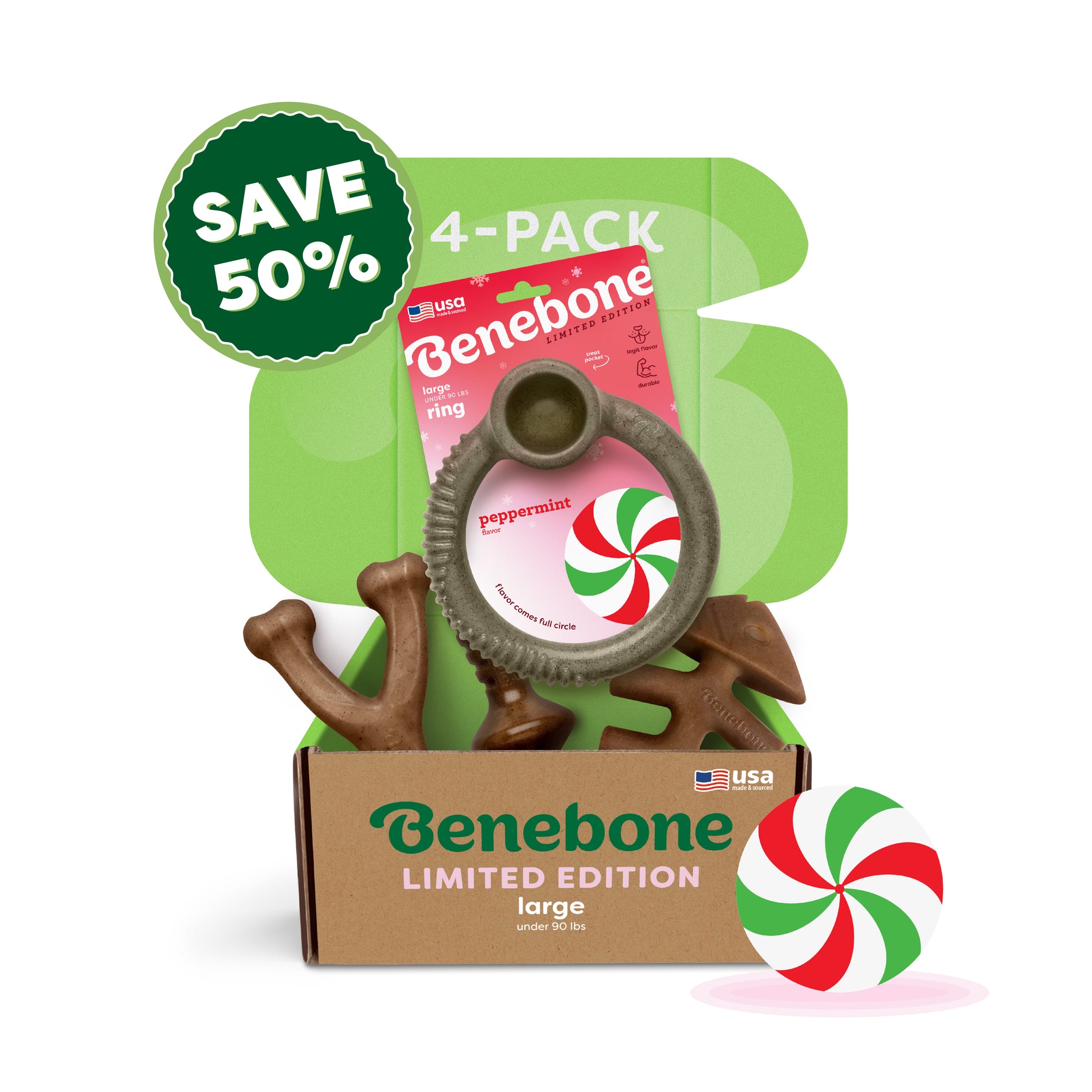 The Benebone Limited Edition Chew Collection (4-Pack) is shown in an open box, featuring durable dog chew toys with a peppermint-scented toy and a Save 50% label, plus a peppermint candy graphic in front.