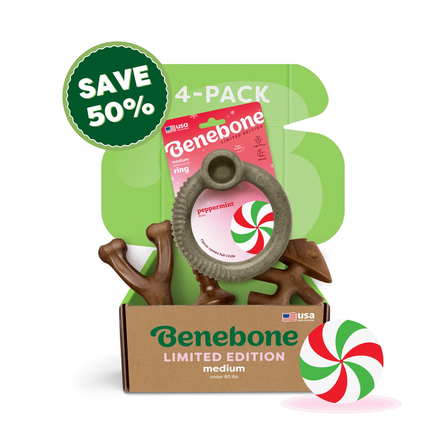 The Benebone Limited Edition Chew Collection (4-Pack) has a “Save 50%” badge and includes a peppermint-flavored ring and wishbone chews, shown in front of a green and brown box with a peppermint candy graphic.