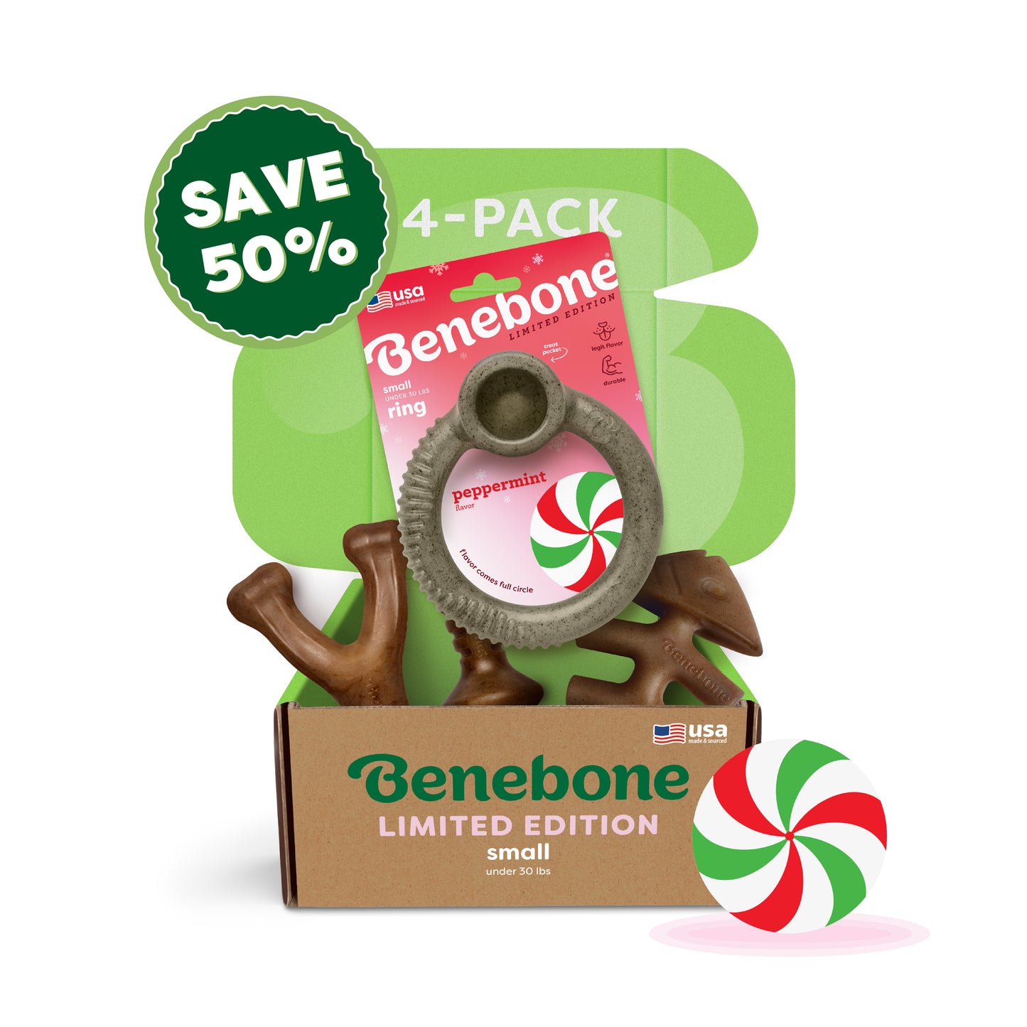 A Benebone Limited Edition Chew Collection (4-Pack) box labeled SMALL displays four durable dog chews, one with a peppermint flavor. A green SAVE 50% badge and another Benebone 4-Pack box are shown in the background.