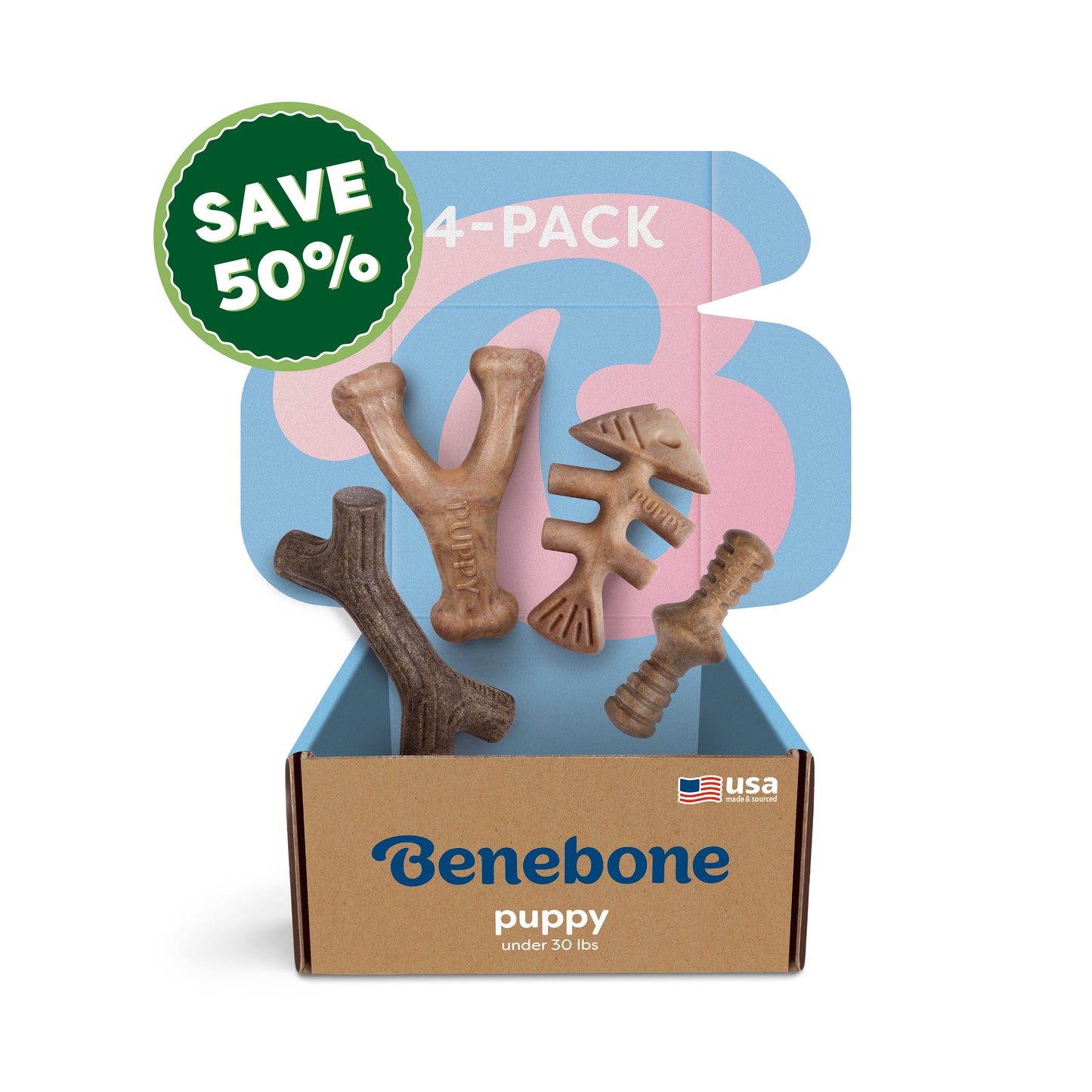 A Benebone Classic Chew Collection (4-Pack) box for puppies under 30 lbs shows four durable, uniquely-shaped dog toys. A green "SAVE 50%" badge is in the top left, and a small USA flag is on the right of the box.
