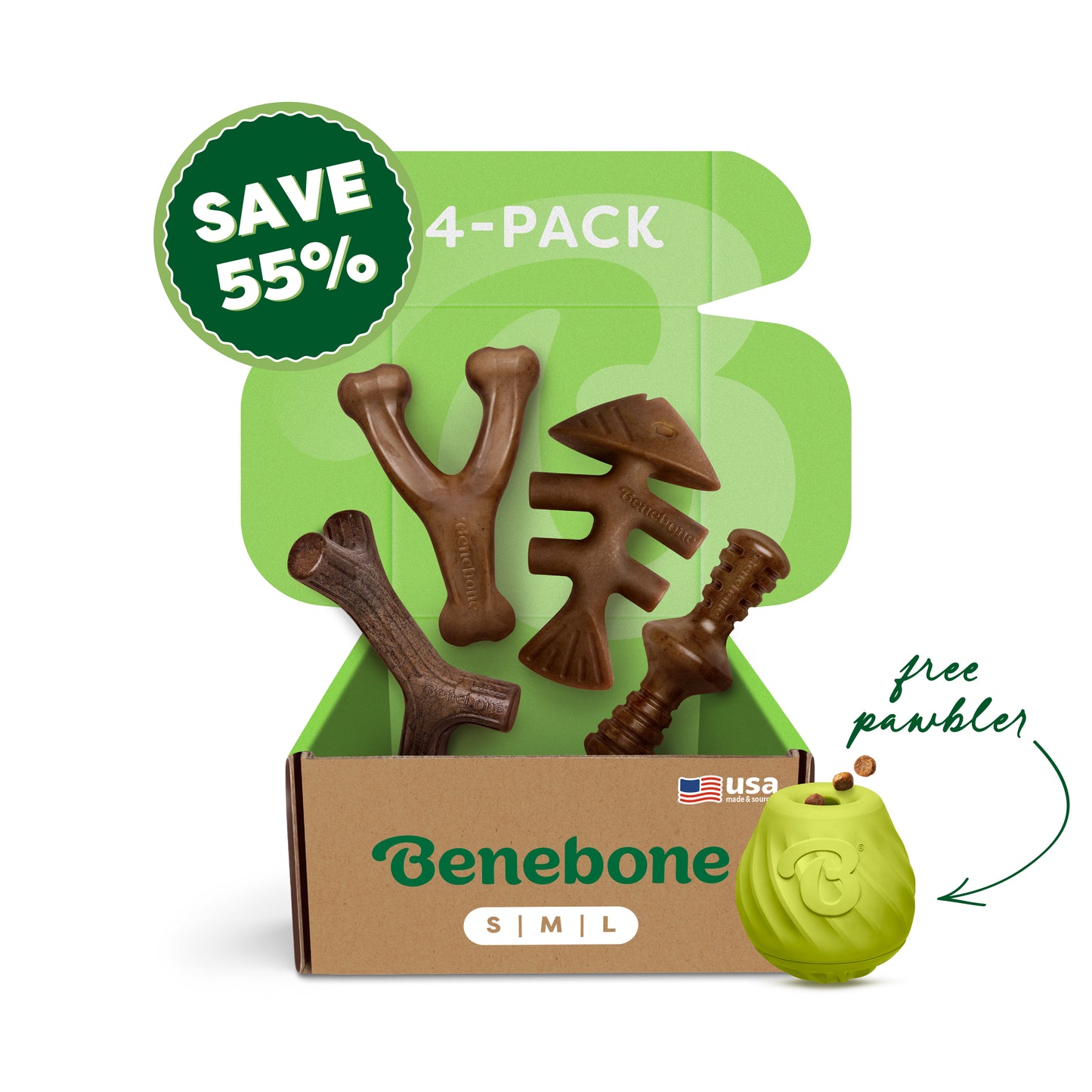 The Benebone Classic Chew Collection + Pawbler is shown in an open green and brown box with a SAVE 55% badge. The brown nylon dog chews come in various shapes, and the green interactive Pawbler treat-dispensing toy is featured on the side.