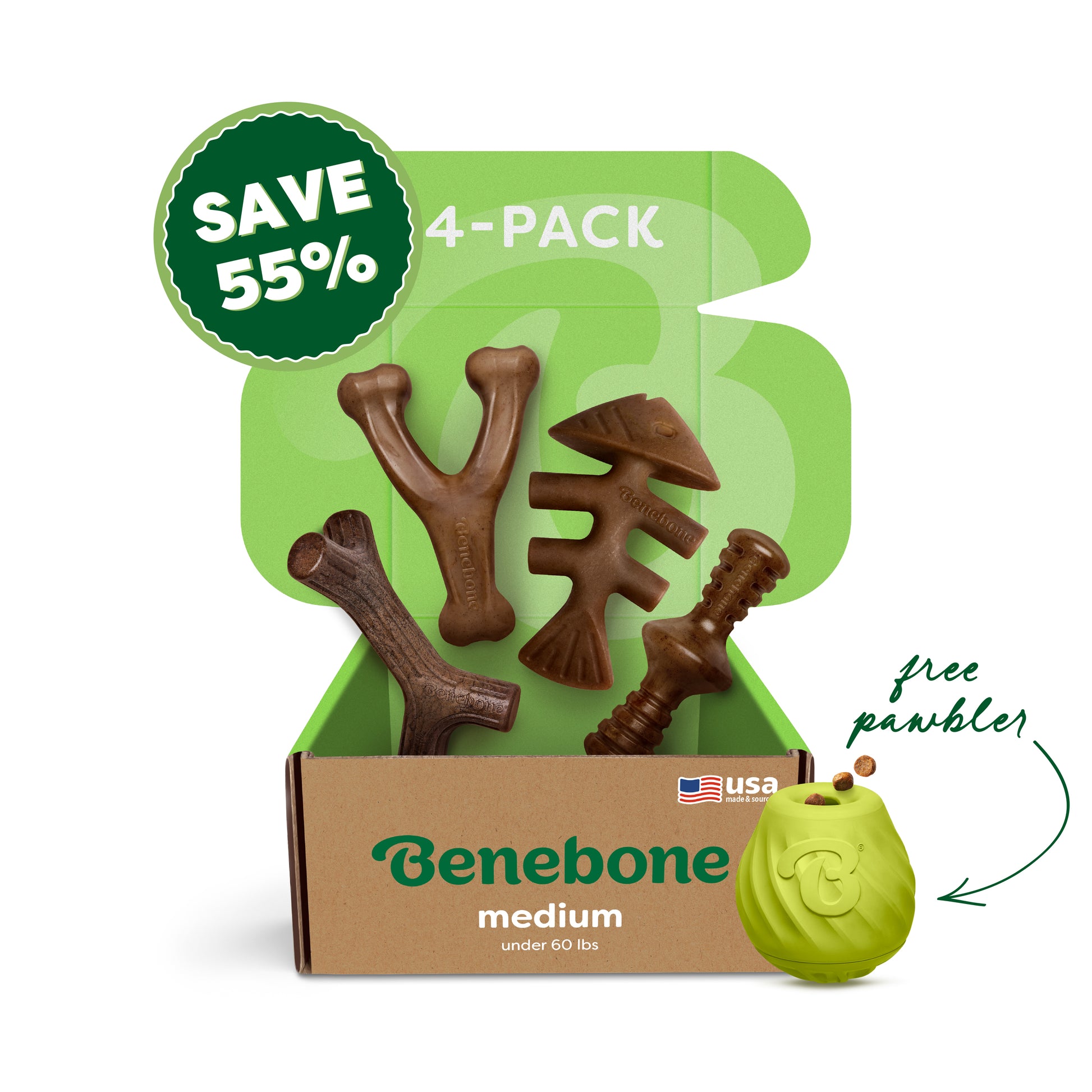 Benebone Classic Chew Collection (4-Pack) + Pawbler, medium size for dogs under 60 lbs; features four different chew toys and a free green paw-shaped pamphlet. Save 55%!.