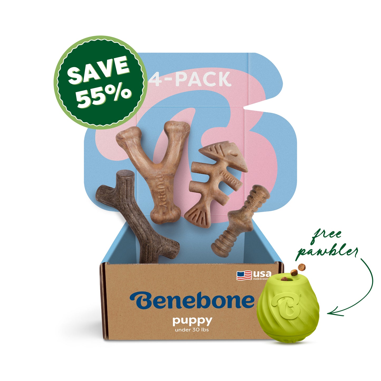 The Benebone Classic Chew Collection (4-Pack) + Pawbler is shown in an open box with four durable dog toys and a free green Pawbler, highlighted by a green SAVE 55% badge on a pastel blue and pink background.