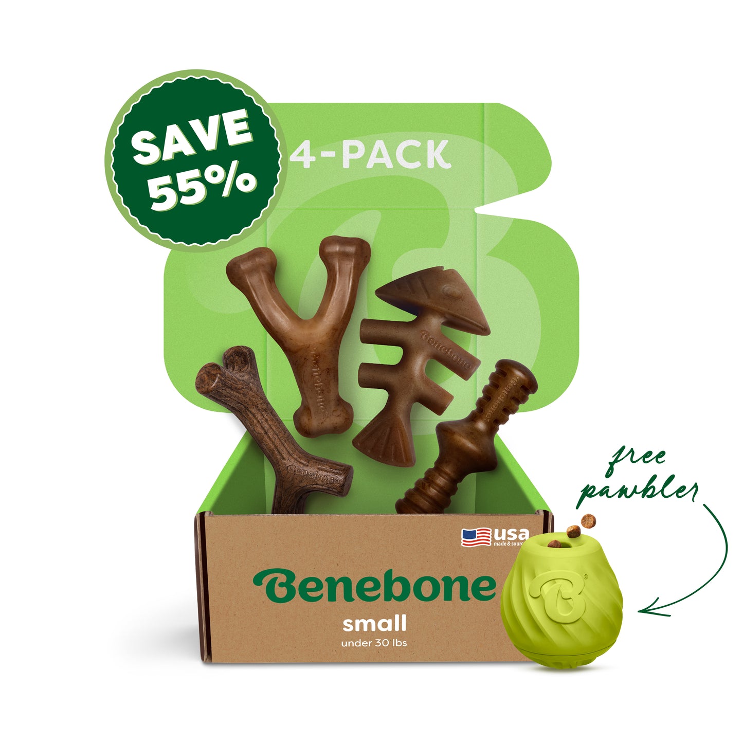 A Benebone Classic Chew Collection (4-Pack) + Pawbler for small dogs (under 30 lbs) is open, showing four chew toys. A green “save 55%” label is on the box, with a free green paw-shaped Pawbler toy beside it.
