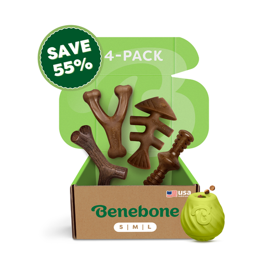 The Benebone Classic Chew Collection + Pawbler 4-pack features four unique brown dog chew toys, perfect for the holidays. A green label says “SAVE 55%.” The box shows a small USA flag and the Benebone logo.