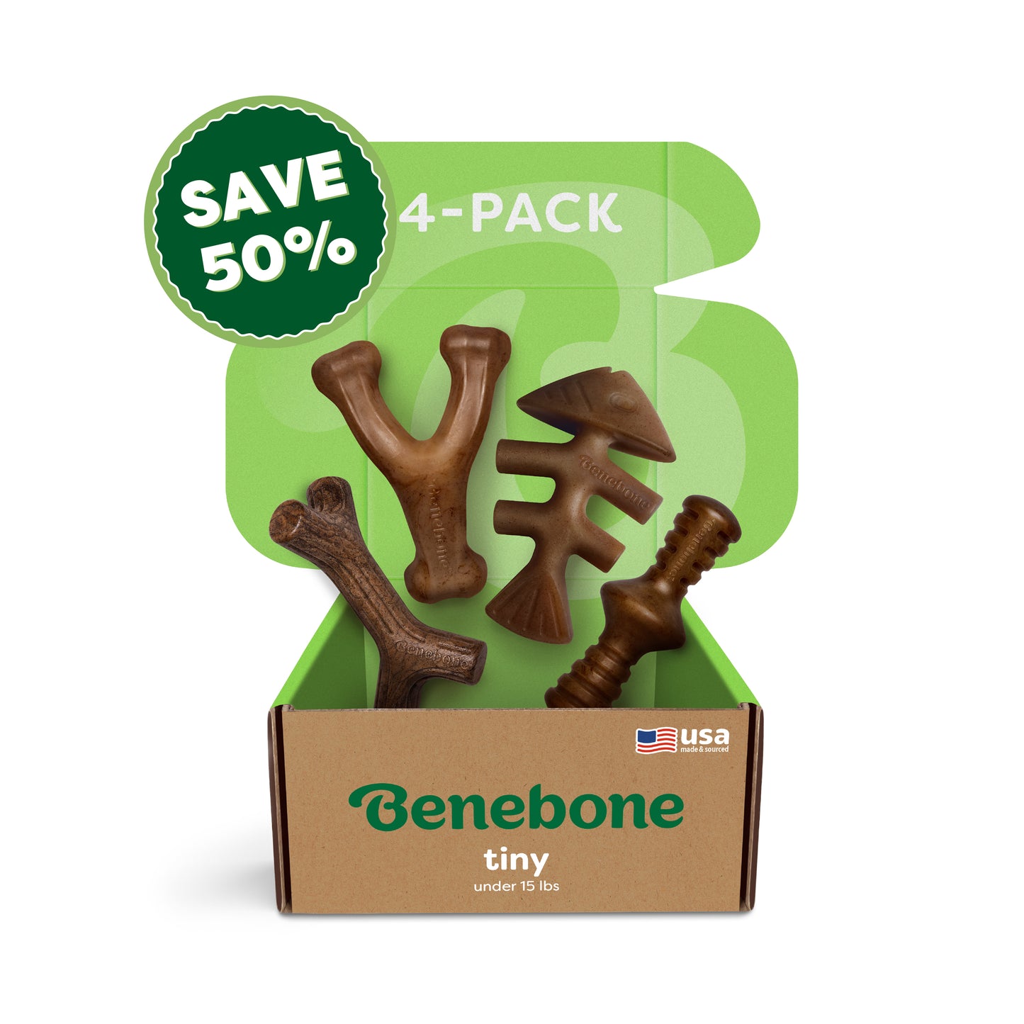 A green and brown Benebone box labeled "tiny under 15 lbs" holds the Classic Chew Collection (4-Pack), featuring four durable chew toys. The packaging displays a green SAVE 50% badge, "4-PACK" text, and a small USA flag.
