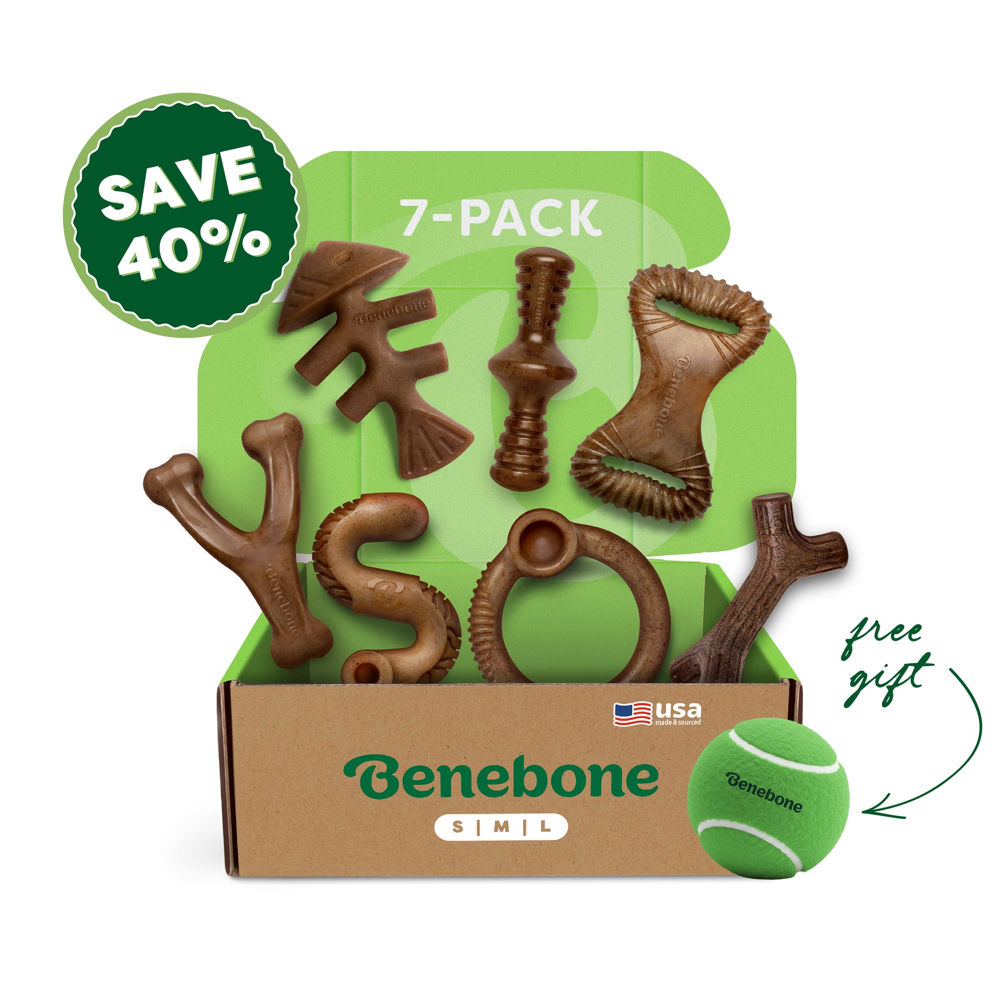 An open Benebone Complete Chew Collection (7-Pack) box shows seven real flavor dog chews in different shapes. A green tennis ball marked “free gift” is beside it. Text on the image reads “SAVE 40%” and “7-PACK.”.