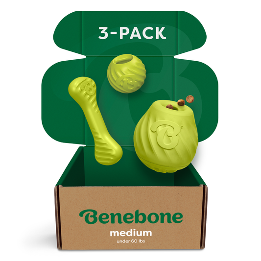 Open Benebone Chew, Chase, Challenge Trio (3-Pack) box labeled under 60 lbs; inside are three yellow-green enrichment chew toys of different shapes—perfect for keeping your dog entertained.