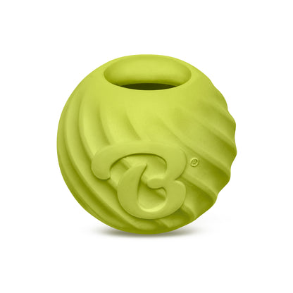 The Benebone Ball is a round, green dog toy made from natural rubber with a textured swirl pattern, a large “B” logo, and an oval opening at the top for hiding treats.