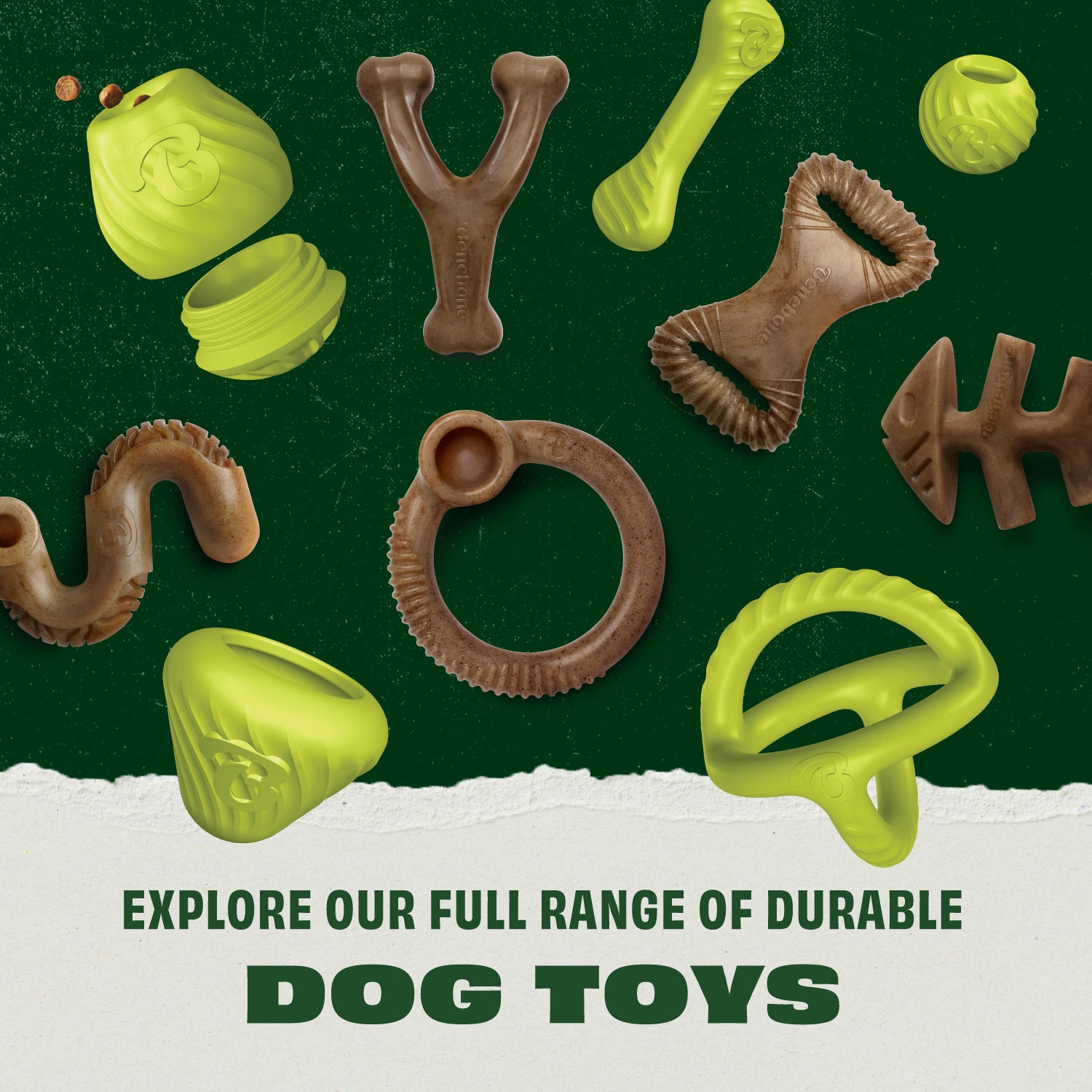 Explore Our Full Range of Durable Dog Toys: Collage of Rubber and Nylon Dog Toys.