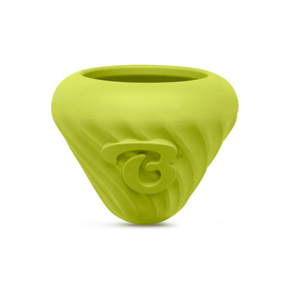 The Benebone Cone is a bright green, cone-shaped dog toy featuring a wide top opening, swirled textured surface with a raised logo, and tricky inner pockets to keep dogs entertained.