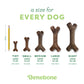 A size chart for Benebone Stick chew toys displays five sizes—Tiny, Small, Medium, Large, and Giant—next to a pencil for scale, each listing weight ranges and dimensions under every durable dog toy size.