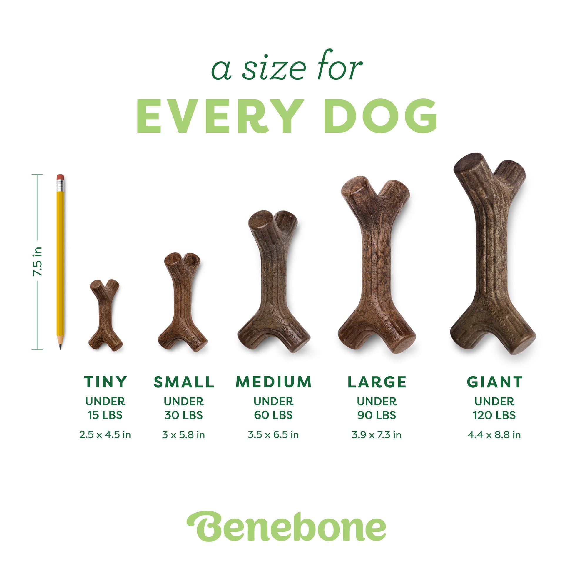 A size chart for Benebone Stick chew toys displays five sizes—Tiny, Small, Medium, Large, and Giant—next to a pencil for scale, each listing weight ranges and dimensions under every durable dog toy size.