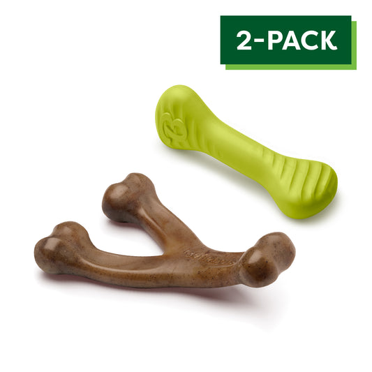 Rubber & Nylon 2-Pack consisting of the Bone, made of durable natural rubber, and the Wishbone, made of durable nylon and real bacon.