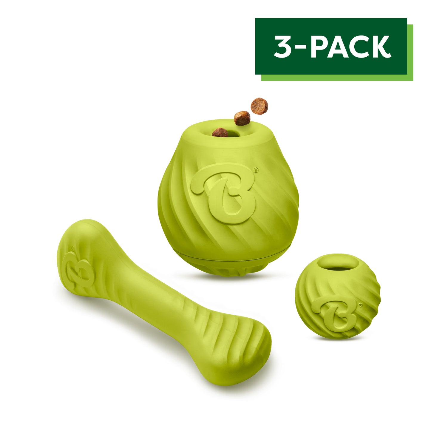 Rubber 3-Pack consisting of the Ball, Bone and Pawbler made of durable natural rubber.