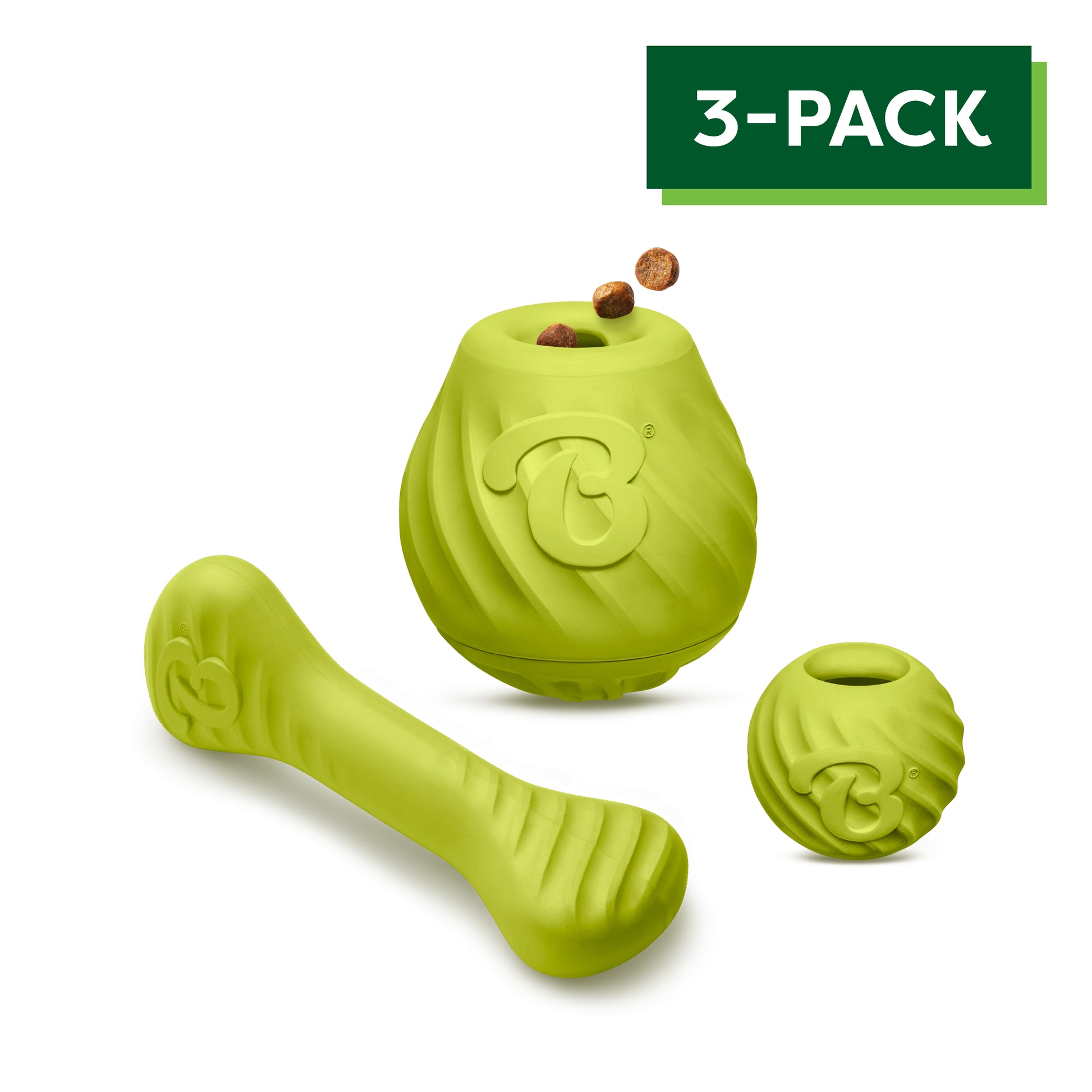 Rubber 3-Pack consisting of the Ball, Bone and Pawbler made of durable natural rubber.
